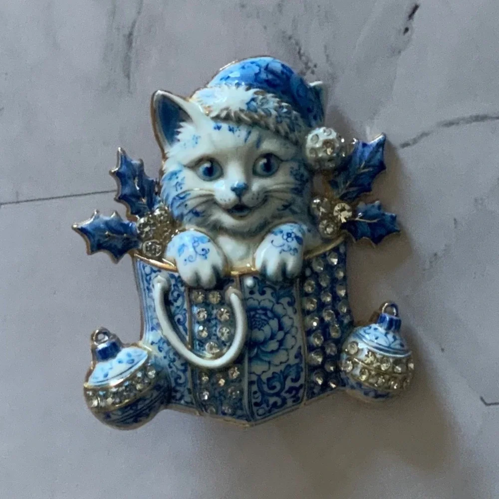 Enamel Christmas Cat Brooch Blue White Rhinestone Chinoiserie Holiday Kitten Pin